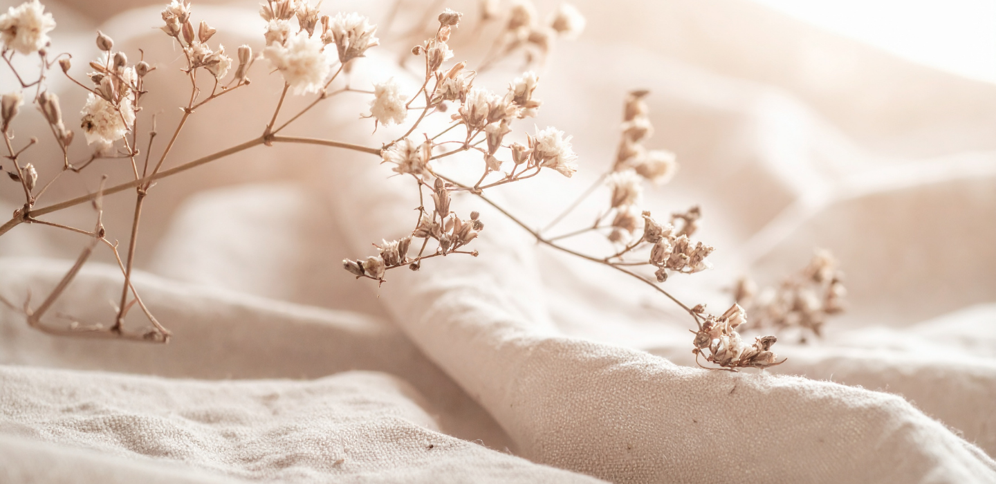 Dried flowers resting on soft linen in warm light.
